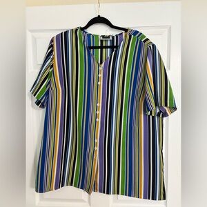 Maggie Barnes Multicolor Vertical Stripe Short Sleeve Button Shirt